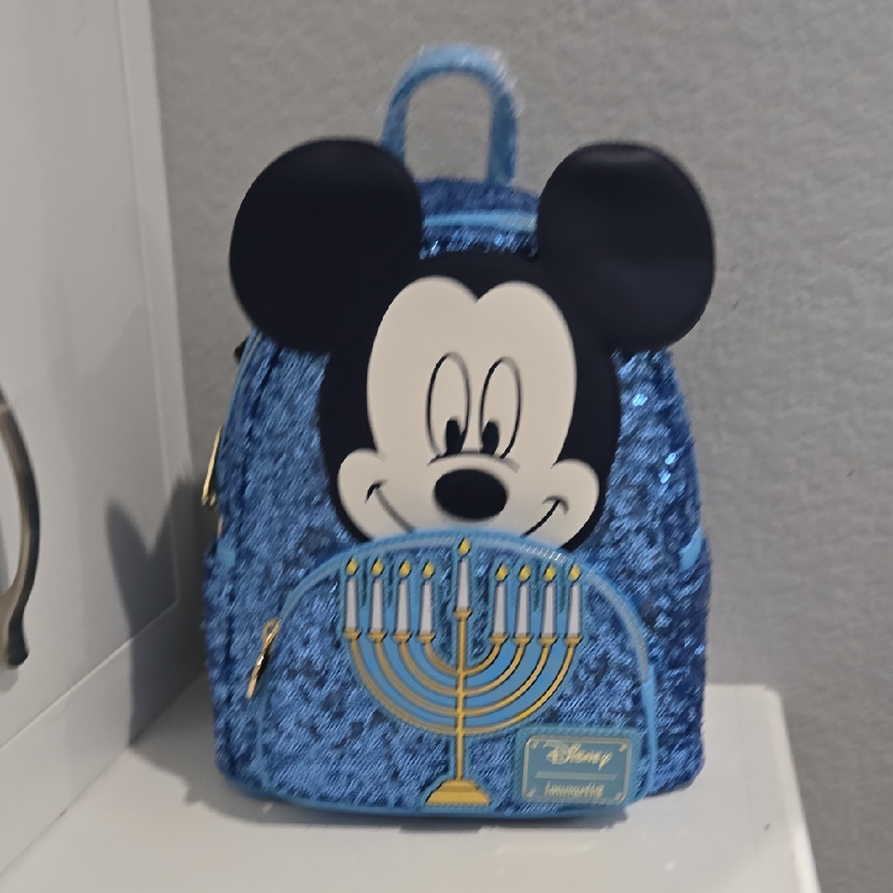 Disney Blue Sequin Hannukah Mickey Mouse Backpack with Menorah By Loungefly